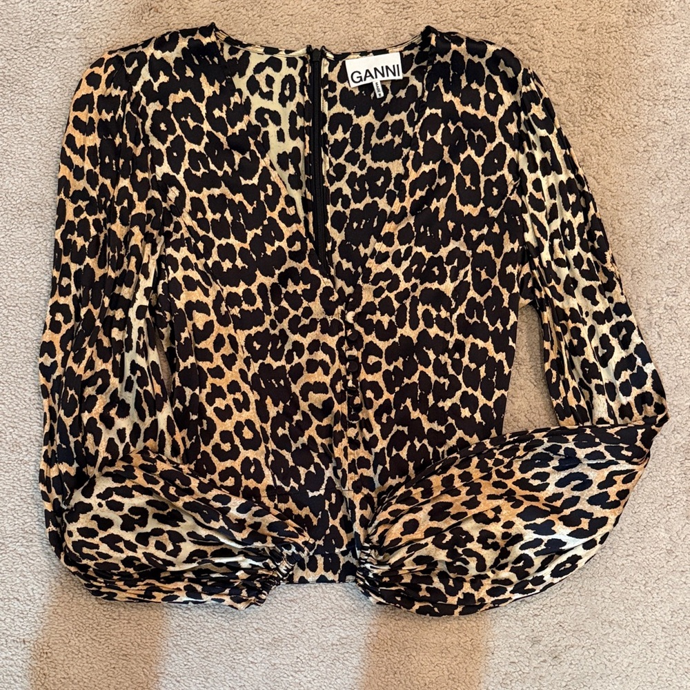 Ganni Black and Tan Leopard Print Blouse